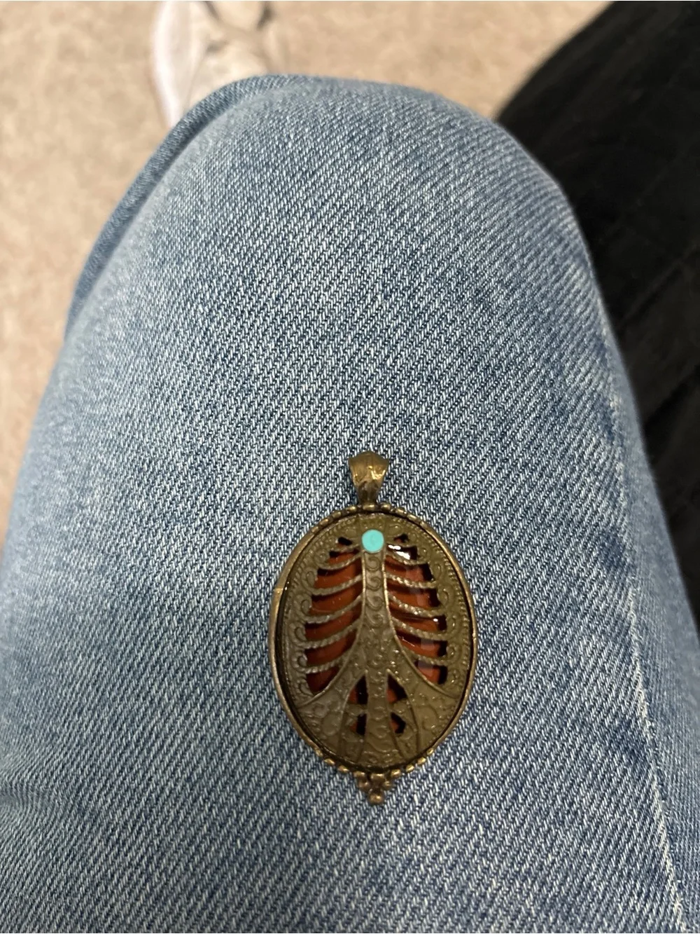 Women’s Antique Brass Ribcage Pendant Necklace with Turquoise Accent